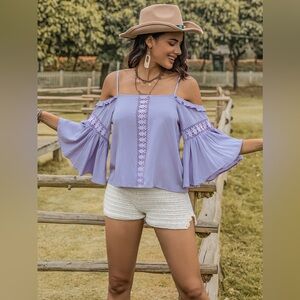 Blue Purple Square Neck Flare Sleeve Blouse